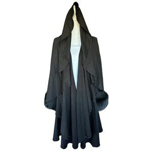 Angel Design by Sabri Ozel Cape Sweater Coat Black Wool Blend Faux Fur Trim